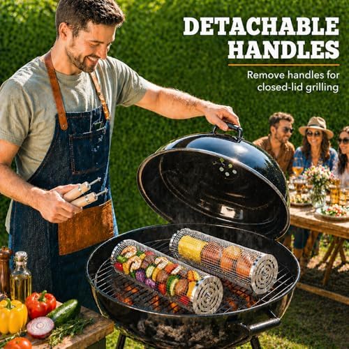 Rolling Grill Basket Set of 2, XL 304 Stainless Steel Grill Baskets for Outdoor Grill, Large BBQ Basket with Removable Wooden Handle for Vegetables, Fish, Wings, Shrimp and Camping - Image 5