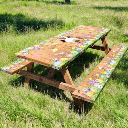 Easter Picnic Table Cover with Bench Covers, Cute Bunny Flower Brown Wooden Board Camping Tablecloth, Waterproof Windproof, Fitted Tablecloth Cover with Elastic Edge, for Outdoor, 3 PCS, 30x60 Inch - Image 2