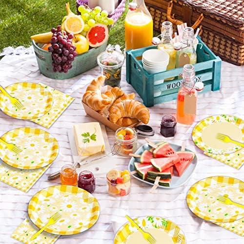 Wiooffen 96 Pcs Daisy Flower Party Supplies for 24 Guests Daisy Party Tableware Set Yellow Daisy Flower Birthday Party Pack Paper Plate Napkin Fork for Birthday Party Wedding Bridal Baby Shower - Image 6