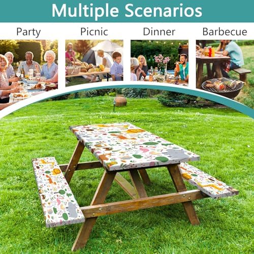 Picnic Table Cover with Bench Covers, Camping Essentials, Jungle Animal Cute Waterproof Windproof Camping Tablecloth, Fitted Tablecloth Cover with Elastic Edge for Indoor Outdoor 30x72 Inch - Image 4