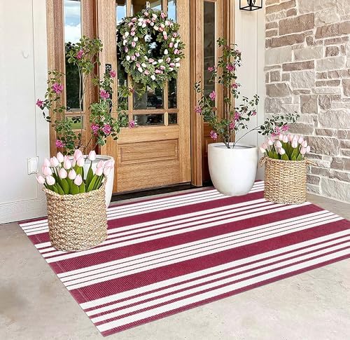 Red and White Outdoor Rug 3'x5'Cotton Washable Indoor/Outdoor Area Rug by BUAGETUP