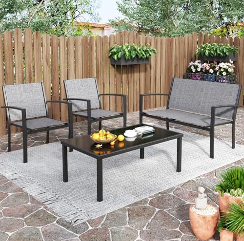 Greesum 4 Pieces Patio Furniture Set, Outdoor Conversation Sets for Patio, Lawn, Garden, Poolside with A Glass Coffee Table, Gray - Image 2