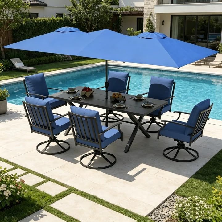 ALAULM 7-Piece Patio Dining Set with 14FT Patio Umbrella,Outdoor Dining Set with 6 Swivel Chairs & Rectangle Table with1.5 Umbrella Hole, Patio Dining Table and Chairs for Backyard,DarkBlue - Image 2