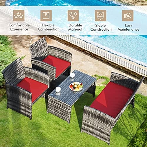 Goplus 4-Piece Rattan Patio Furniture Set, Outdoor Wicker Conversation Sofa with Weather Resistant Cushions and Tempered Glass Tabletop for Lawn Backyard Pool Garden (Red) - Image 2
