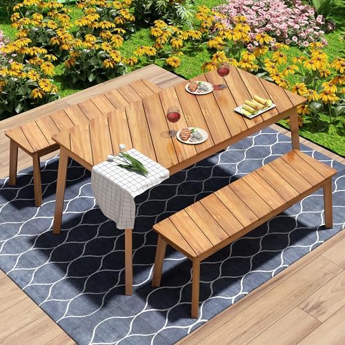 3-Pcs Outdoor Patio Dining Table & 2 Bench for 4, Wood Dining Table Set Outdoor & Indoor Furniture for Patio, Porch, Garden, Poolside, 3-Pcs, Wood by JJKFurniture-kevinplus