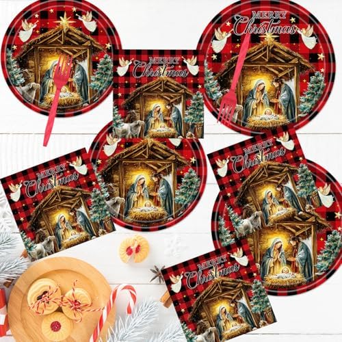 Christmas Nativity Party Decorations, 96PCS Happy Birthday Jesus Disposable Paper Plates and Napkins Decorations, Religious Buffalo Plaid Christmas Forks Supplies Serves 24 - Image 4