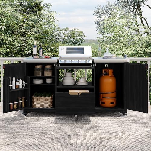 JIJIWANG 66.5" Outdoor Kitchen Island with Drawer and Stainless Top, Black - Image 4