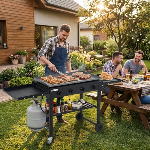Heavy-Duty 4-Disposable Propane Gas Griddle Grill – 36" Outdoor Flat Top Teppanyaki BBQ with Cast Iron Plate, 60,000 BTU, Collapsible Shelves & Wheels – Patio, Camping, Commercial - Image 3