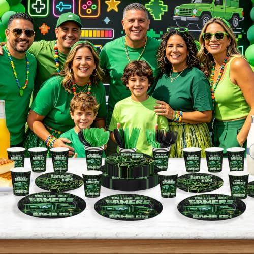 168 Pcs Video Game Birthday Party Decorations Neon Green Gaming Truck Plates and Napkins Cups Tableware Set for Boys Men Level Up Game On Theme Night Birthday Party Supplies Serves 24 - Image 5