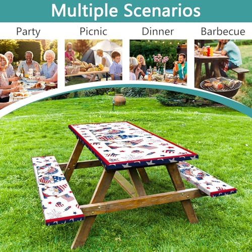 4th of July Picnic Table Cover with Bench Covers, Camping Essentials, Patriotic American Flag Gnomes Stars Table Cover Waterproof Fitted Tablecloth Cover with Elastic Edge for Outdoor 3 PCS 30x96 Inch - Image 3