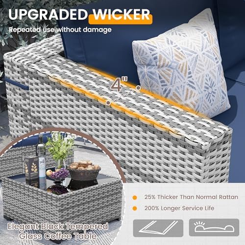 UDPATIO Patio Furniture Set with Fire Pit Table, 8 Pcs Outdoor Sectional Sofa, PE Wicker Patio Conversation Set for Garden, Backyard (Blue Cushions with Grey Rattan) - Image 5