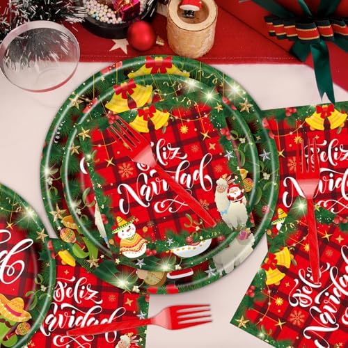 Feliz Navidad Party Decorations Tableware, 96PCS Mexican Christmas Glitter Disposable Paper Plates and Napkins Decoration, Spanish Feliz Navidad Forks Decor Supplies for 24 Guest - Image 6