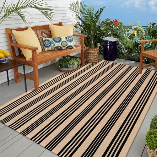 OJIA Outdoor Patio Rug 5'x7', Black and Tan Striped Outdoor Rugs Fall Decor - Image 2