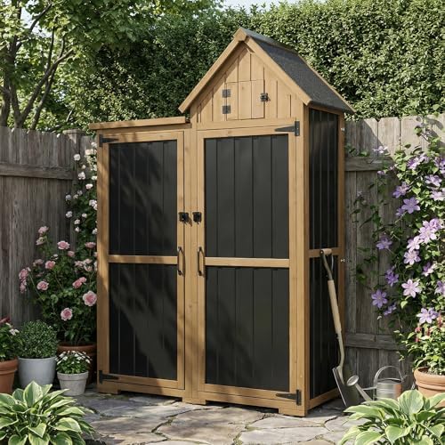 PetsCosset Outdoor Storage Cabinet Wood & Metal Garden Shed with Lockable Doors, 3 Adjustable Shelves, Weatherproof Patio Backyard Storage for Tools & Garden Supplies by PETSCOSSET