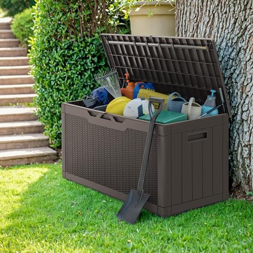 Greesum 100 Gallon Resin Deck Box Outdoor Storage with Cushion, Dark Brown - Image 6