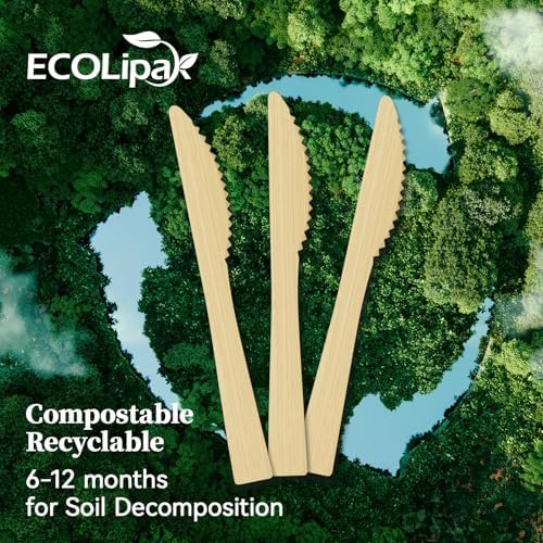 ECOLipak 300 Count Disposable Compostable Bamboo Knives for Party, Dinner - Image 4