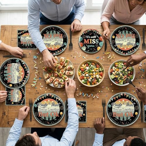 96PCS Rude That You're Leaving But OK Paper Plates and Napkins Vintage Farewell Retirement Party Supplies We Will Miss You Tableware Set for 24 Guests for Women Men Office Retirement Decorations - Image 6