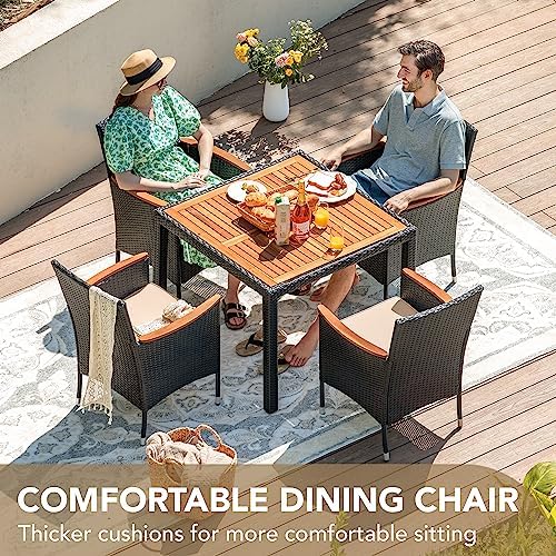 Devoko 5 PCS Acacia Wood Patio Dining Set, Black Rattan - Image 2