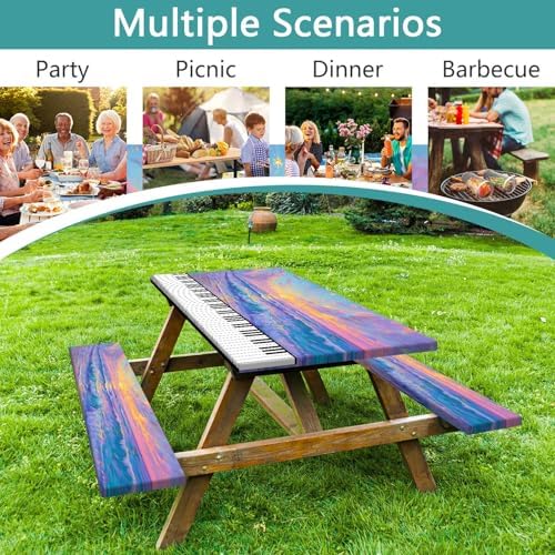 Piano Keyboard Picnic Table Cover with Bench Covers, Camping Essentials, Beach Seaside Sunset Purple Waterproof Windproof, Fitted Tablecloth Cover with Elastic Edge for Outdoor Garden 3 PCS 30x72 Inch - Image 4