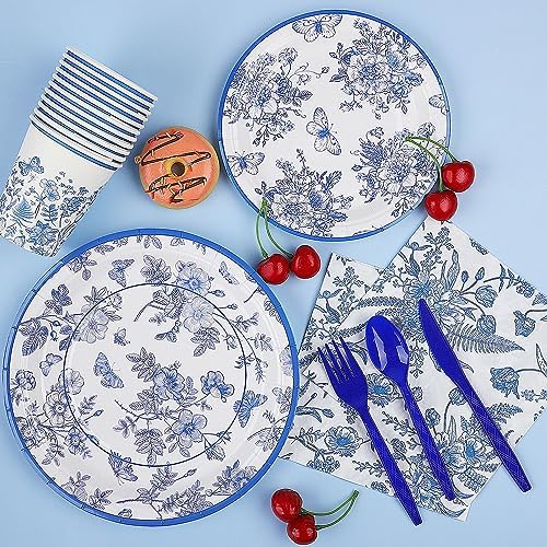 durony 350 Pieces Blue & White Floral Party Supplies 7 Inch 9 Inch Disposable Elegant Flower Paper Plates Napkins Cups Tableware Set for Wedding Baby Shower Birthday Party Chinoiserie Decor, Serve 50 - Image 5