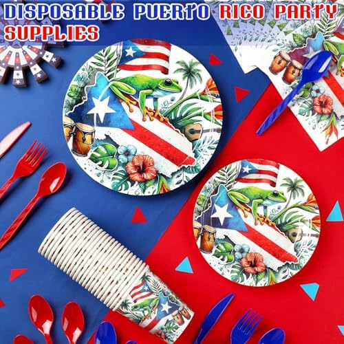 FoldTier 350 Pcs Puerto Rico Party Decoration Disposable Paper Plates Napkin Cup Puerto Rico Latin Birthday Tableware Tropical Fiesta Flag Coqui Frog for Summer Bachelorette Pool Party Serve 50 Guests - Image 2