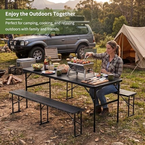 Picnic Table Set with 2 Benches,6 Feet Folding Camping Table Chair Set with Wood Grain Tabletop,3-Piece Outdoor Indoor Portable Folding Furniture for Party, Camping, Picnic, Weddings (Black) - Image 6