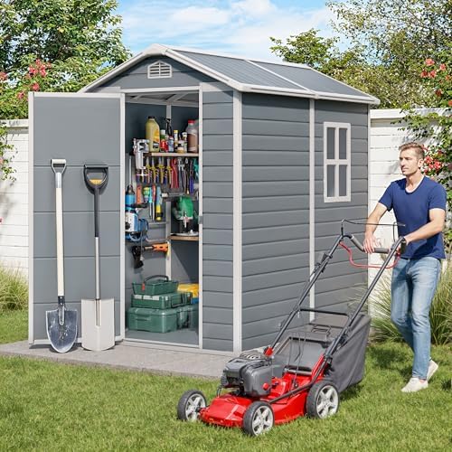 Gizoon 6x4 FT Outdoor Storage Shed with Floor, Resin Garden Tool Shed with Lockable Doors, Window, Vents, Reinforced Steel Frame, Waterproof Plastic Storage Sheds for Backyard, Patio, Lawn by Gizoon