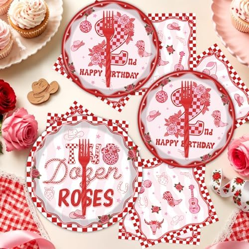 Two Dozen Roses 2nd Birthday Theme Decorations, 96PCS 2nd Birthday Disposable Paper Plates and Napkins Party Decorations for Girl, Pink Floral Western Theme Forks Tableware Set Serves 24 - Image 5