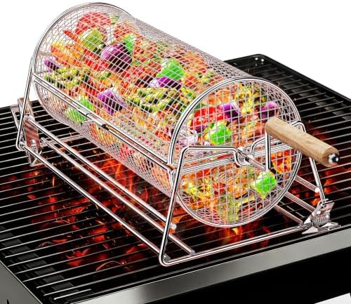 2-in-1 Rolling Grill Basket 304 Stainless Steel Rotatable with Dual Handles by Moweis