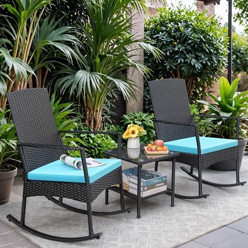 Greesum 3 Pieces Patio Furniture Set Outdoor Wicker Rocking Chairs,Blue - Image 2