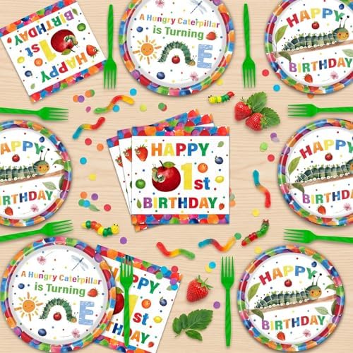 Gameza Caterpillar 1st Birthday Party Decorations, 96PCS Green Caterpillar Theme Disposable Paper Plates and Napkins Tableware Decorations, A Hungry Green Insect Is Turning One Forks Decor Serve 24 - Image 6