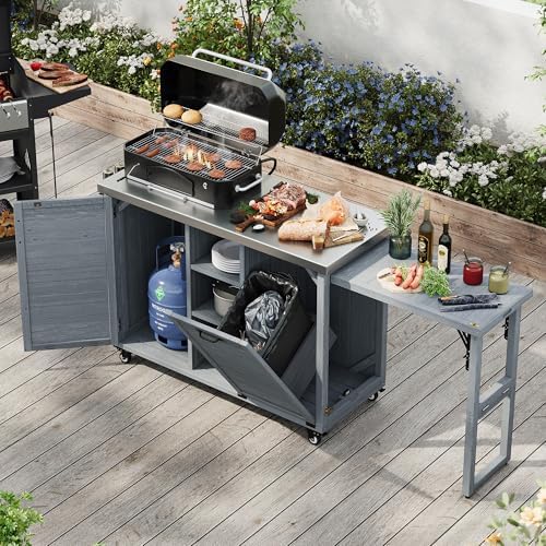Merax 78.3" Outdoor Kitchen Island with Foldable Grill Table, Wooden Outdoor Grill Cart with Trash Can Storage & Stainless Steel Top, Outdoor Bar Cart, Pizza Oven Table for Lawn & Garden, Dark Brown by Merax