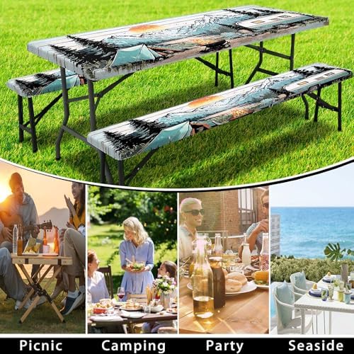 Picnic Table Cover with Bench Covers and Bag, Wooden Camper Waterproof Windproof, Fitted Tablecloth Cover with Elastic Edge, for Indoor & Outdoor, Garden, Camping, 3 Pieces Set, 30x60 Inch - Image 5
