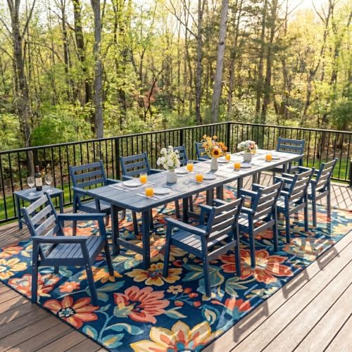 12-Piece Outdoor Dining Set, All-Weather HDPE Patio Furniture, Two 66.5" Slatted Table with 1.6" Umbrella Hole & 10 Ergonomic Armchairs, Heavy Duty 350lbs Capacity, UV Resistant, Blue - Image 2