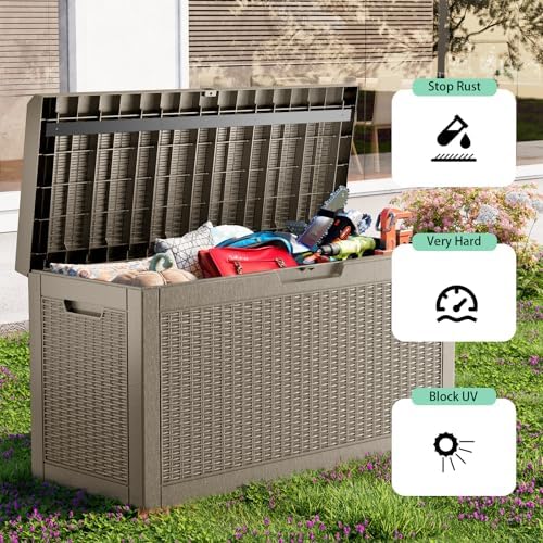 ROJIK Outdoor Storage Housing Deck Box,Waterproof Patio Furniture, Garden Tools, Cushions, Pool Accessories Storage Bench with Lockable Lid and Side Handles (Grey,60 Gallon) - Image 6