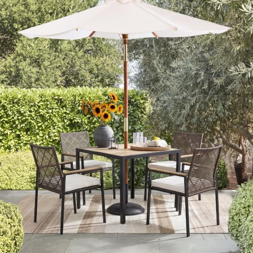 5-Piece Patio Dining Set for 4, Outdoor Dining Set with 4 Wicker Patio Dining Chairs with Cushions & Acacia Wood Square Dining Table with 1.75" Market Umbrella Hole, Brown & White - Image 2