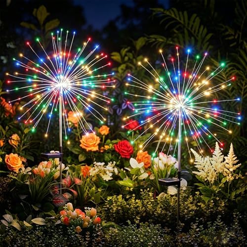 Multicolor Solar Lights Outdoor, 2 Pack 180LED Solar Garden Lights for outside, 8 Modes Firework Fairy light for Yard Pathway 4th of July Carnival Juneteenth Christmas Decor, Red/Yellow/Blue/Green by Brightown