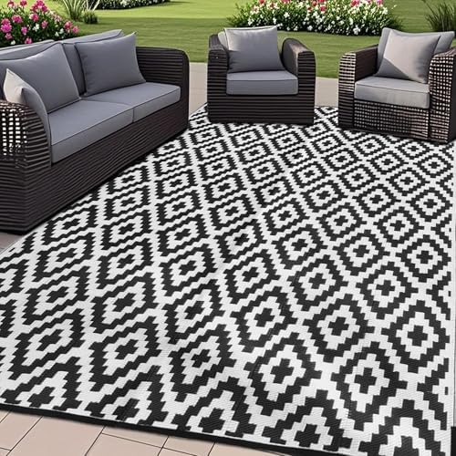 SAND MINE Waterproof Outdoor Rug 8x10 ft, Plastic Reversible Rug, Modern Area Rug, Large Floor Mat for Outdoors, RV, Patio, Backyard, Deck, Picnic, Beach, Camping (8' x 10', Black & White Lattice) by SANDMIND