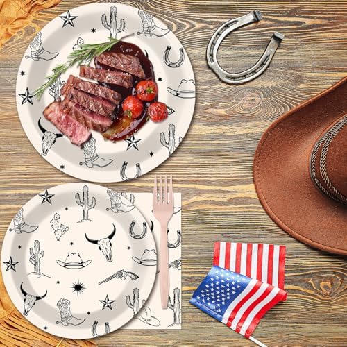 96PCS Western Cowboy Party Paper Plates and Napkins Set for Rodeo Party Cake Dessert Plates Disposable Decor Supplies Wild West Bachelorette Tableware for Kids Birthday Gatherings Decorations - Image 5