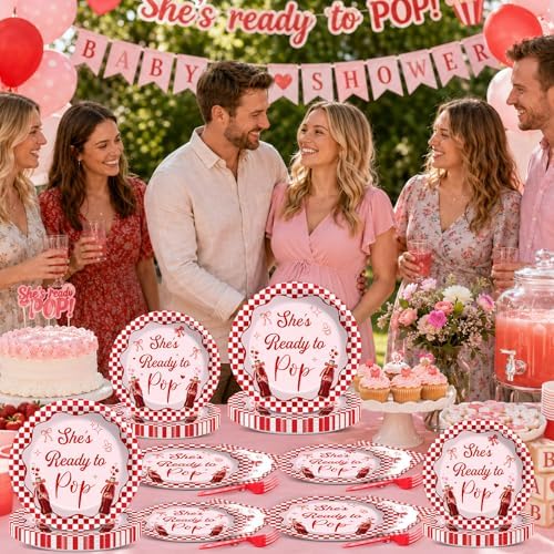 96 PCS She's Ready to Pop Party Paper Plates and Napkins Red White Checkered Bow Soda Pop for Baby Shower Gender Reveal Newborn Party SuppliesBirthday Gatherings Decorations - Image 6