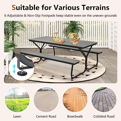 HAPPYGRILL Outdoor Picnic Table Bench Set, 2450 LBS Capacity Dining Table with 2 Benches for 6-8 People, Heavy Duty Metal Frame Picnic Table with HDPE Tabletop & Umbrella Hole for Patio Garden Yard - Image 7