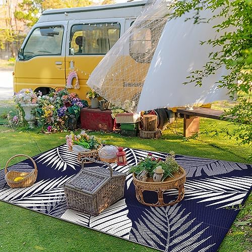 GENIMO Outdoor Rug, Waterproof Plastic Rugs for Patio, 4'x6' Blue White - Image 3