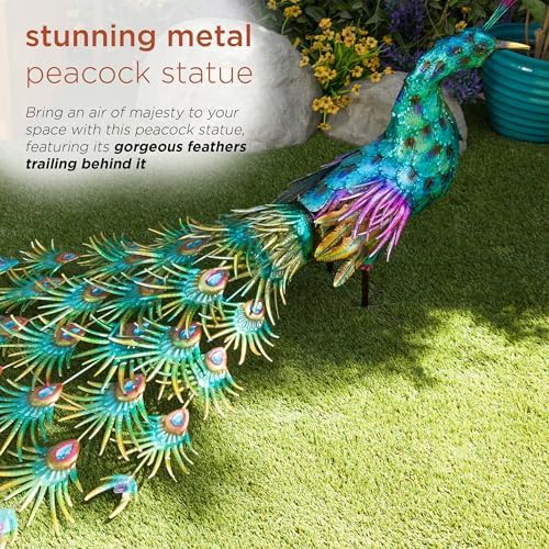Alpine Corporation HEH378 Metal Jumbo Sized Majestic Peacock Decor, Elegant Garden & Patio Bird Statue, 33" H, Blue - Image 4