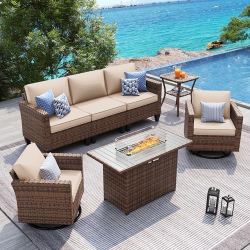 UDPATIO Patio Furniture Set with Fire Pit Table and Swivel Rocking Chairs, 5 Pieces Outdoor Wicker Furniture Set with Waterproof Cover, 4'' Thickened Cushion, Khaki by UDPATIO
