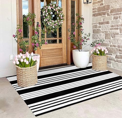Black and White Outdoor Rug 3'x 5',Striped Farmhouse Front Porch Mat - Image 7