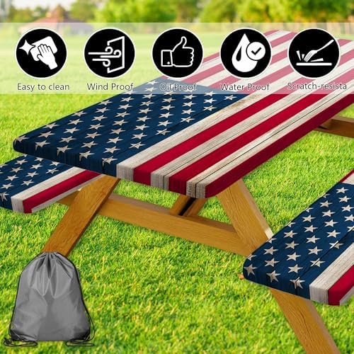 American Flag Picnic Table Cover with Bench Covers, Waterproof Windproof Oilproof, Camping Essentials, Fitted Tablecloth Cover with Elastic Edge, for Indoor & Outdoor, Garden, 3 Pieces Set, 30x96 Inch - Image 7