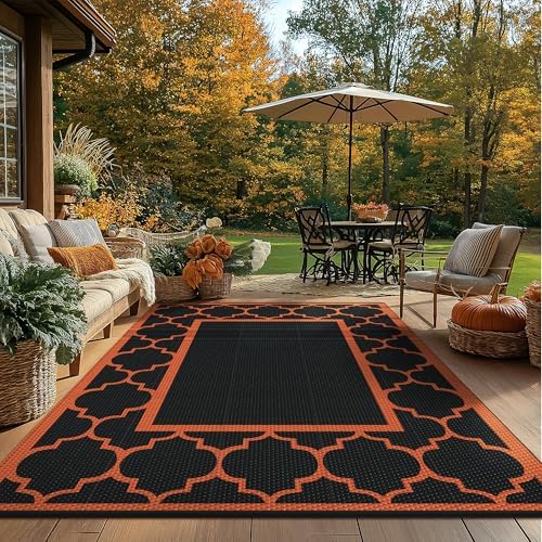 GENIMO Outdoor Rug, Waterproof Plastic Rugs for Patio, 6'x9' Black Orange - Image 2