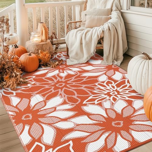 GENIMO Outdoor Rug Waterproof for Patio Decor, 6' x 9' Reversible Plastic Straw Floral Camping Carpet, Large Area Rugs Mats for RV, Camper, Deck, Balcony, Porch, Beach, Picnic, Orange & White - Image 4
