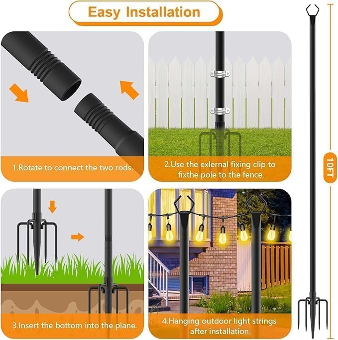 LETIANPAI 10Ft String Light Poles 2 Pack,Light Poles for Outside Lights,Outdoor with Fence Brackets Hanging Lights,Metal Stand Deck Patio Backyard - Image 7
