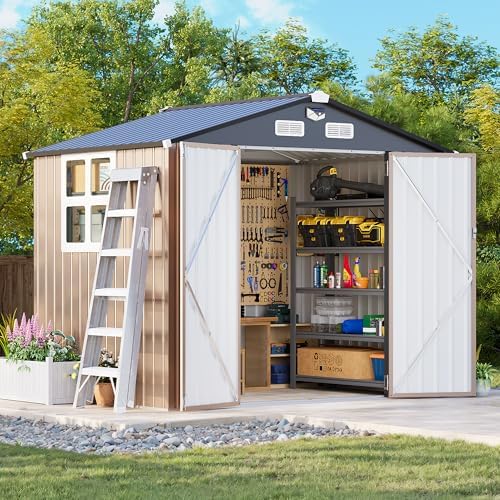 MXV 8 x 6FT Outdoor Storage Shed, Metal Garden Shed with Windows, Double Lockable Doors & Sloped Roof, Magnetic Solar Lamp, Waterproof Tool Sheds for Backyard Garden Patio Lawn, Brown by Unknown